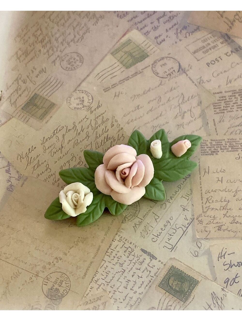 Vintage Charming Floral Porcelain Rose Brooch Pin - Elegant Handmade Accessory